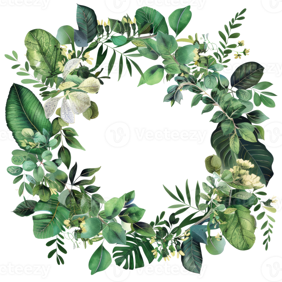 Elegant Botanical Wreath of Lush Green Leaves and Foliage on Transparent Background png