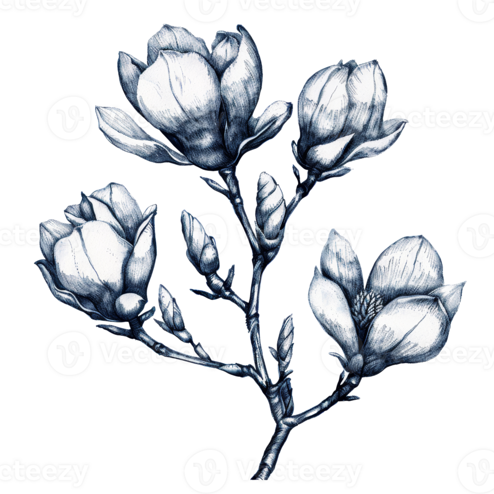 Detailed Botanical Illustration of Magnolia Flowers in Bloom - High-Resolution Black and White Artwork for Nature and Floral Design png