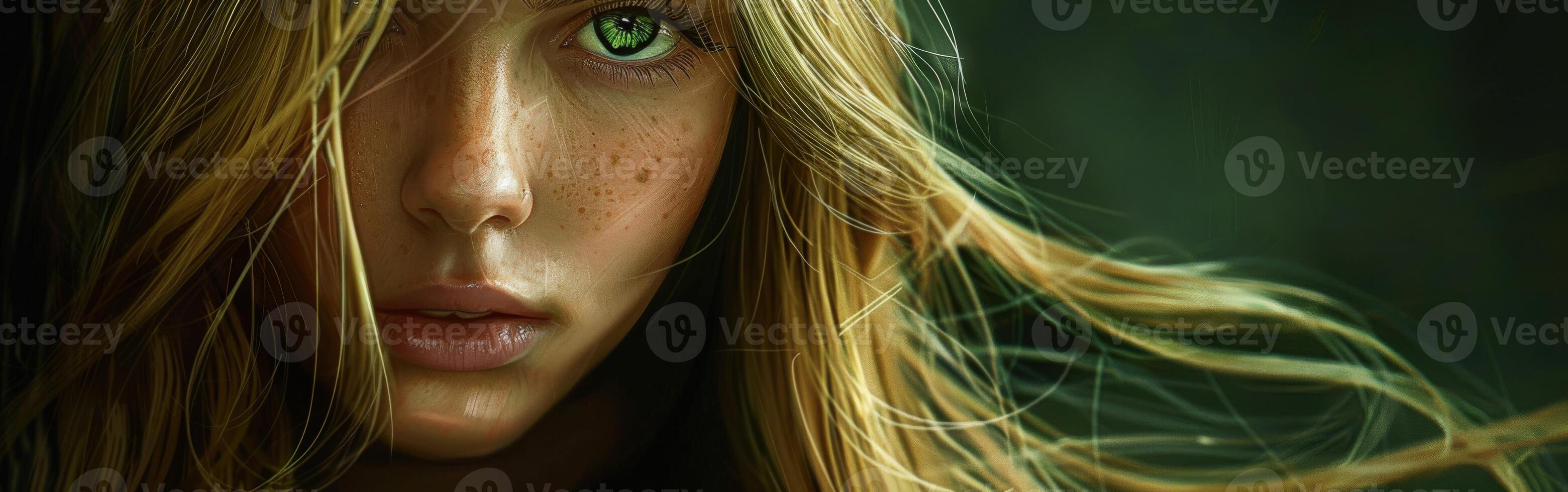 Close-Up Portrait of Young Woman With Green Eyes and Freckles in Dim Light photo
