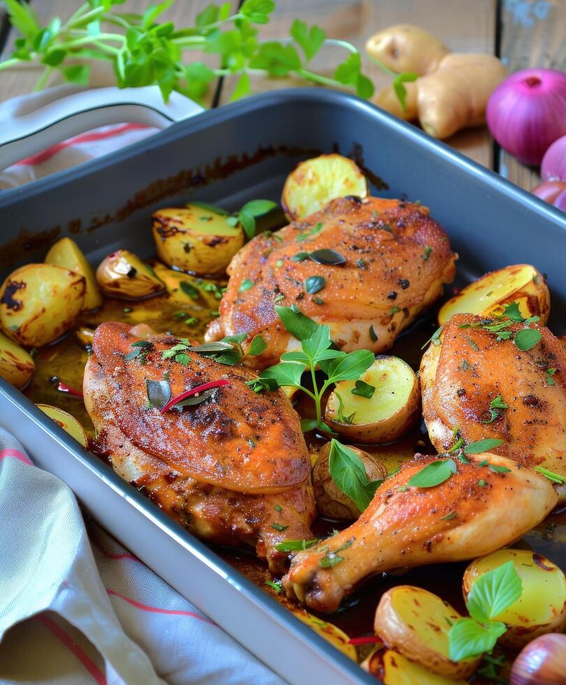 Roasted Chicken Thighs With Golden Potatoes and Herbs on a Rustic Table photo