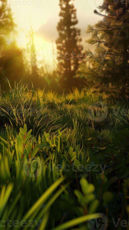 Lush Green Meadow Bathed in Warm Sunset Light With Silhouetted Trees photo