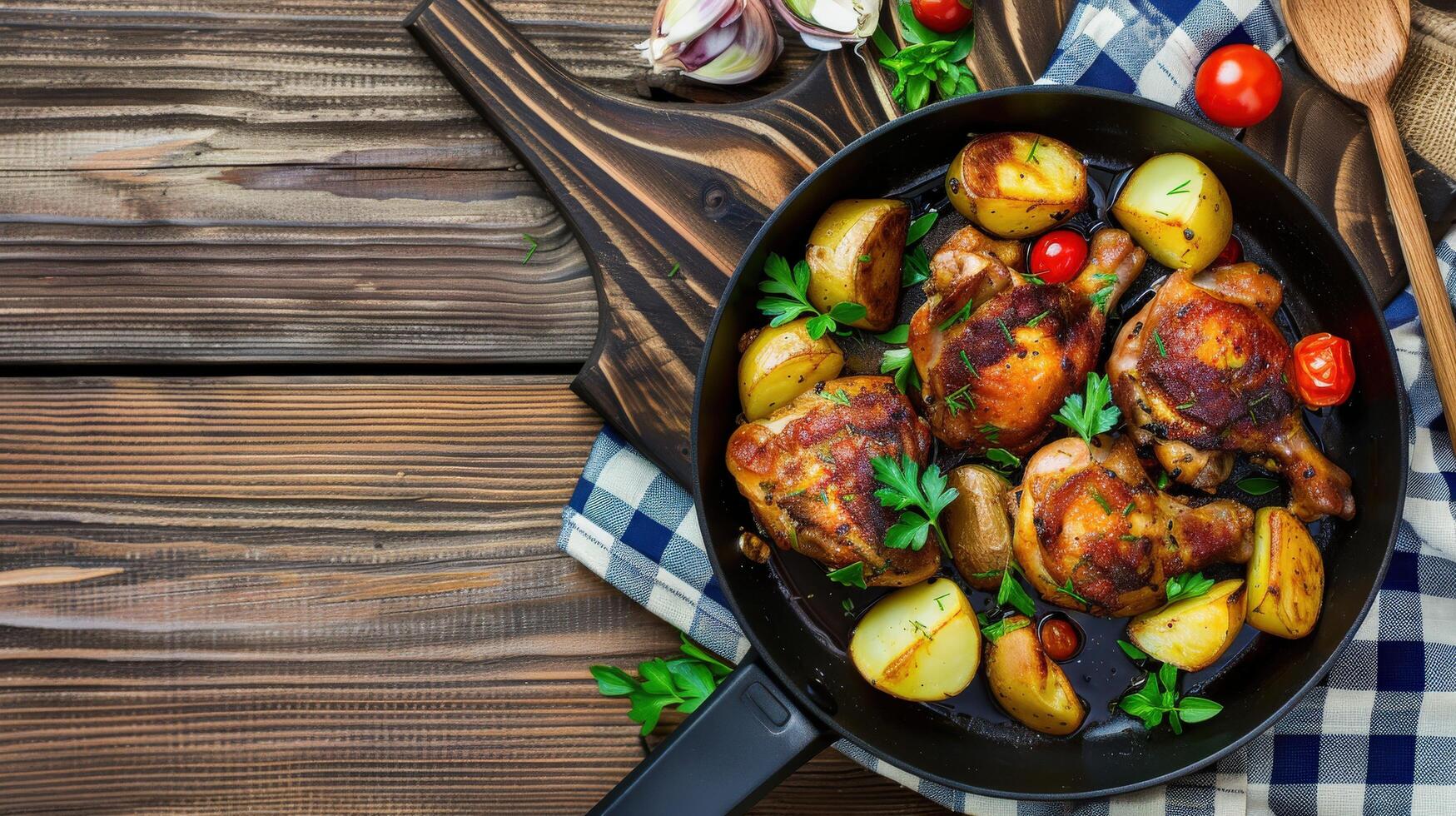 Crispy Pan Chicken With Roasted Potatoes and Cherry Tomatoes photo