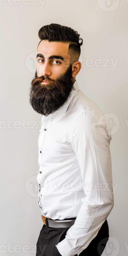 Muslim Man With a Big Beard Posing Elegantly Against a Neutral Background photo