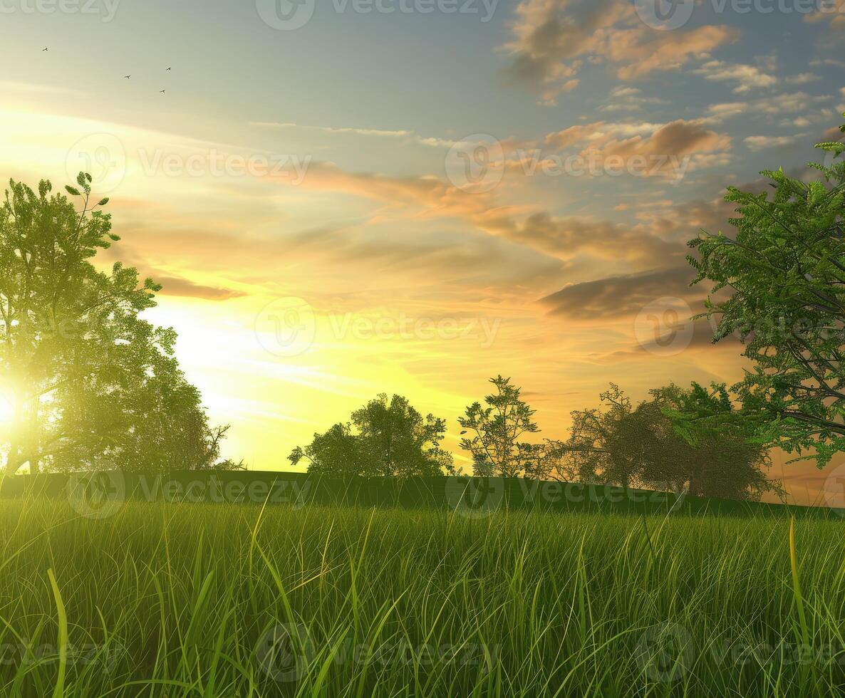 Green Meadow Under a Vibrant Sunset With Silhouetted Trees in the Background photo