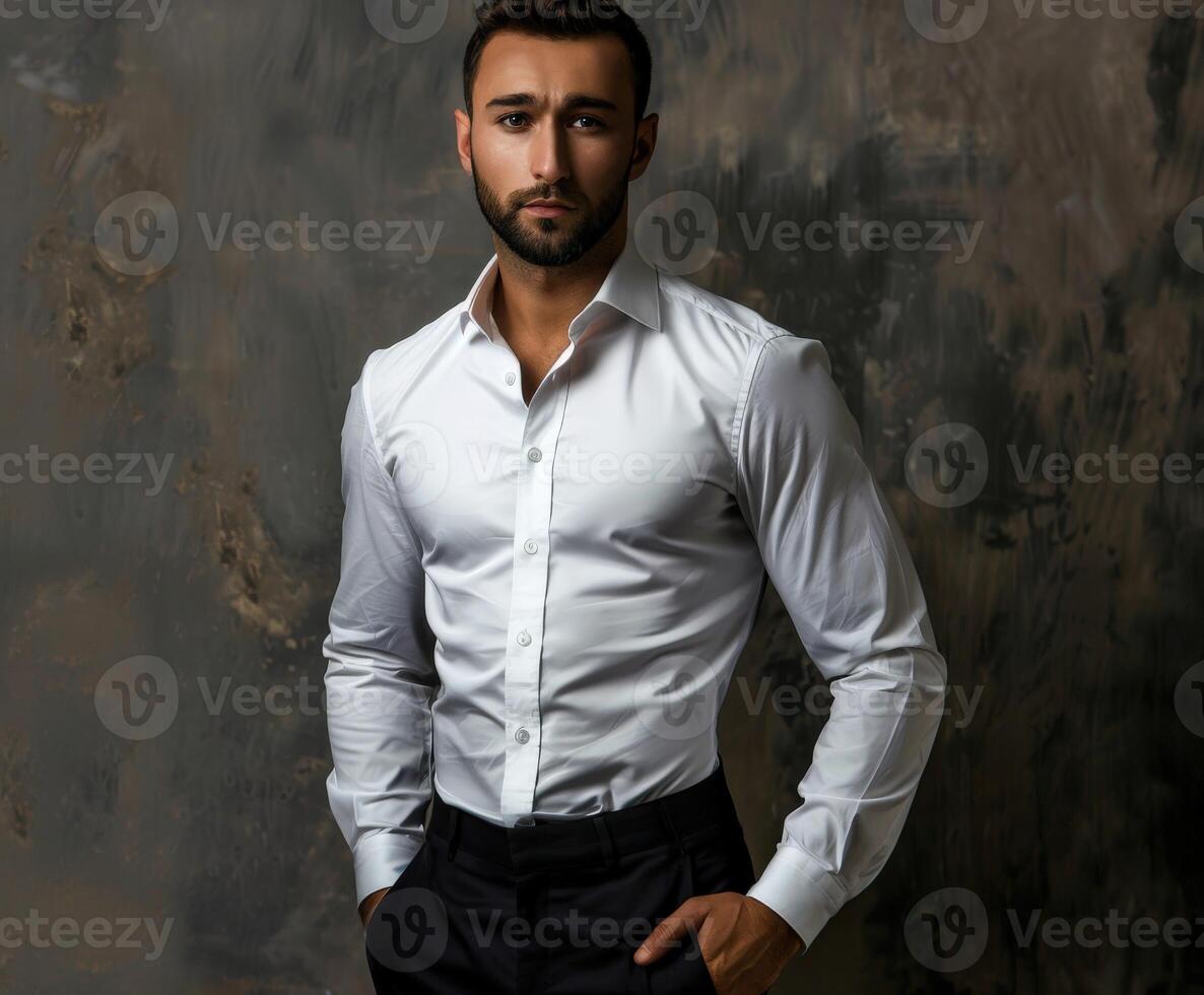 Man Posing in White Shirt Against Textured Gray Backdrop photo