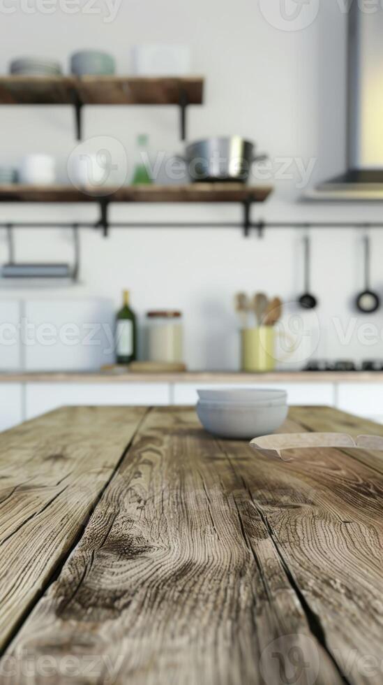 Empty Wooden Tabletop in Modern Kitchen for Product Display photo