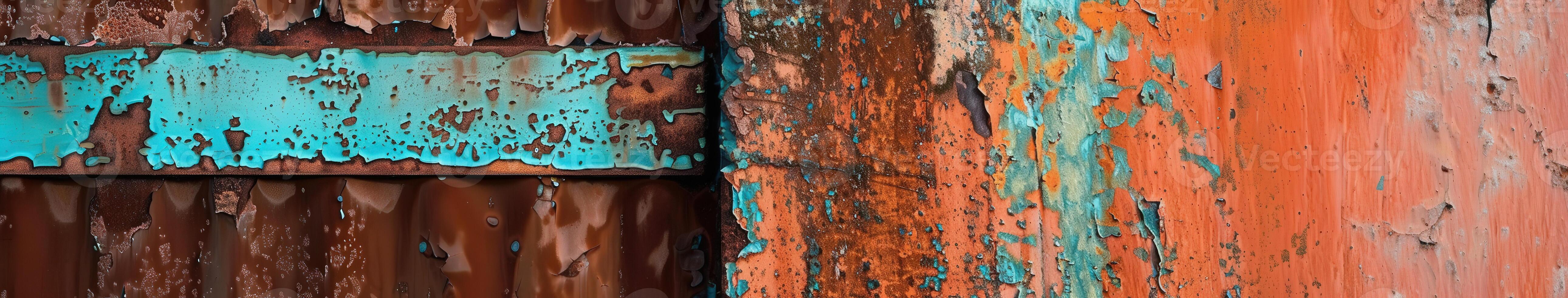 Rusty Wall With Blue and Brown Colors Exposing Layers of Weathered Paint Over Time photo