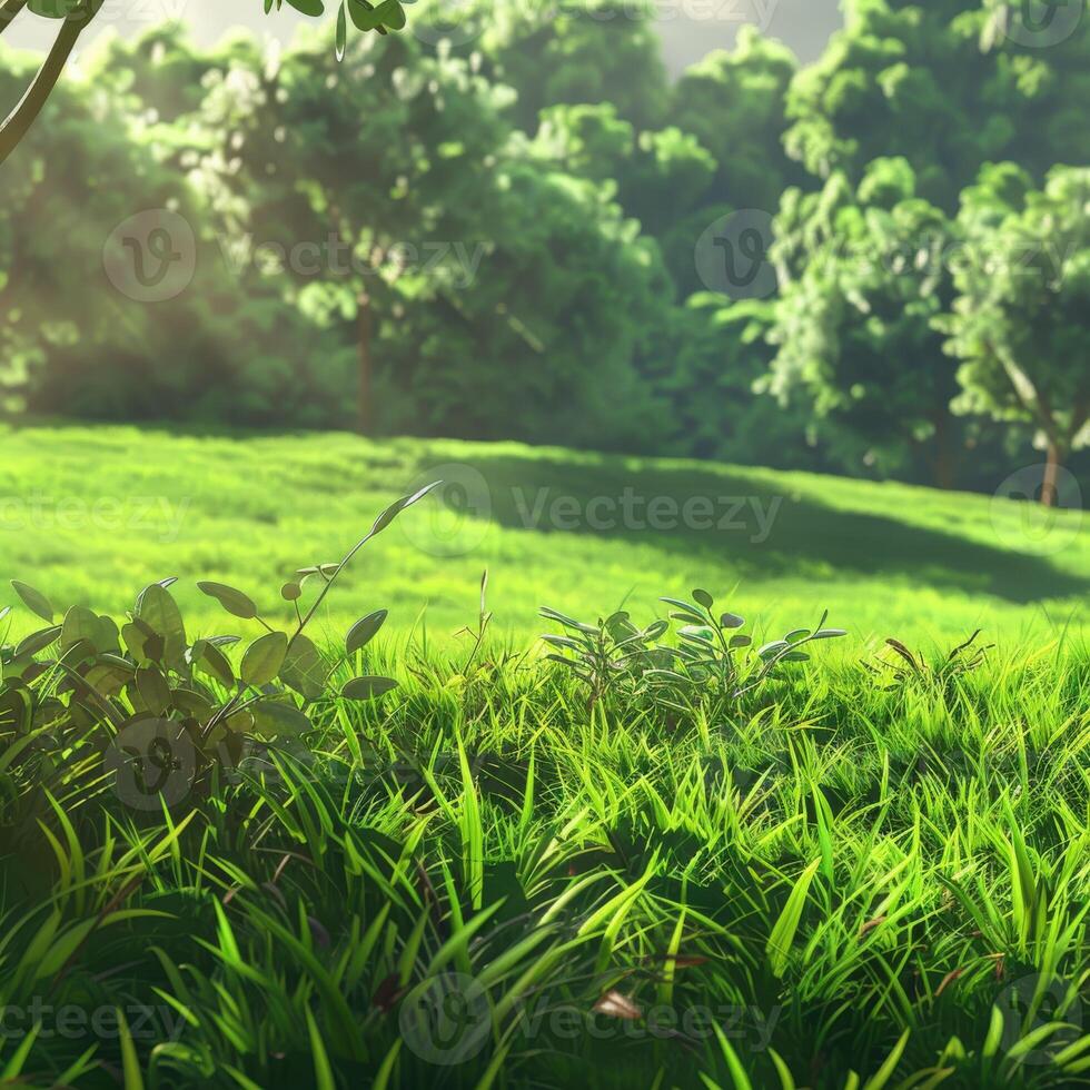 Morning Sunlight Illuminates a Lush Green Meadow Surrounded by Trees photo