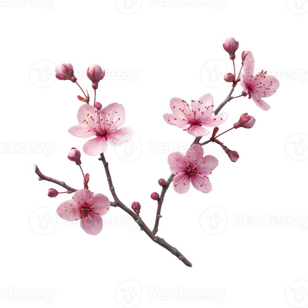 Beautiful Botanical Illustration of Cherry Blossom Branch with Pink Flowers and Buds on Transparent Background png