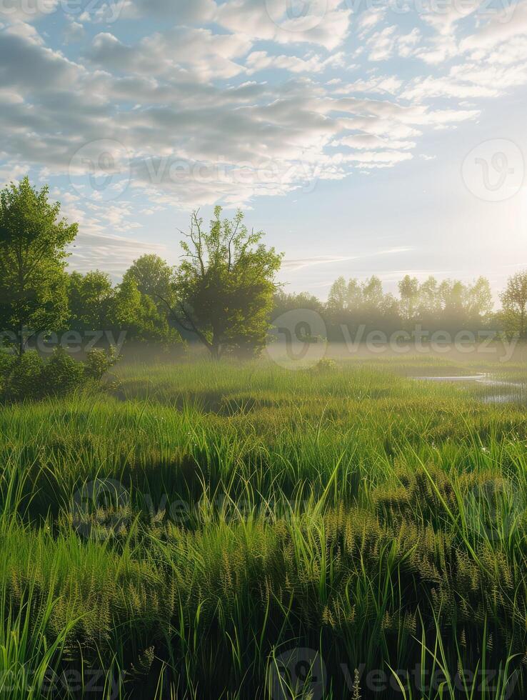 Morning Dew on a Vibrant Green Meadow Surrounded by Lush Trees photo