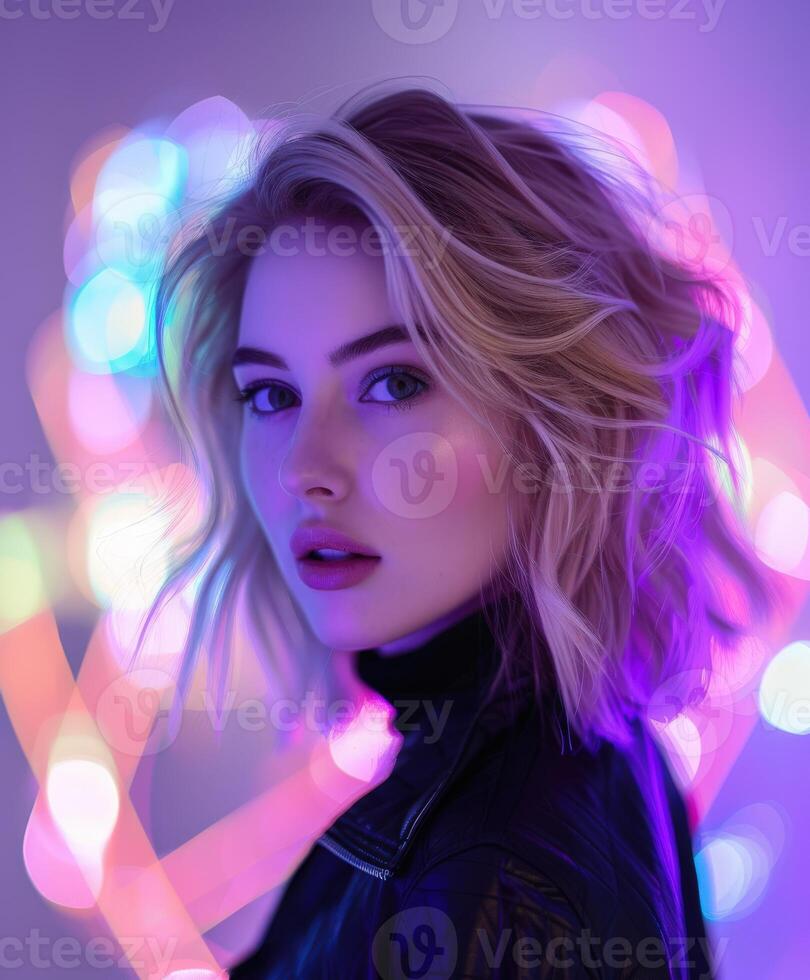 Young Woman With Short Hair Posing in Colorful Neon Lights photo