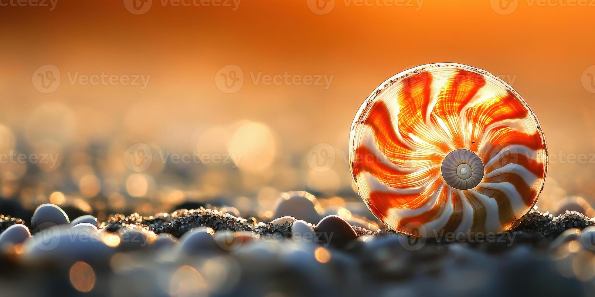 Orange and white seashell resting on a sandy beach at sunset photo