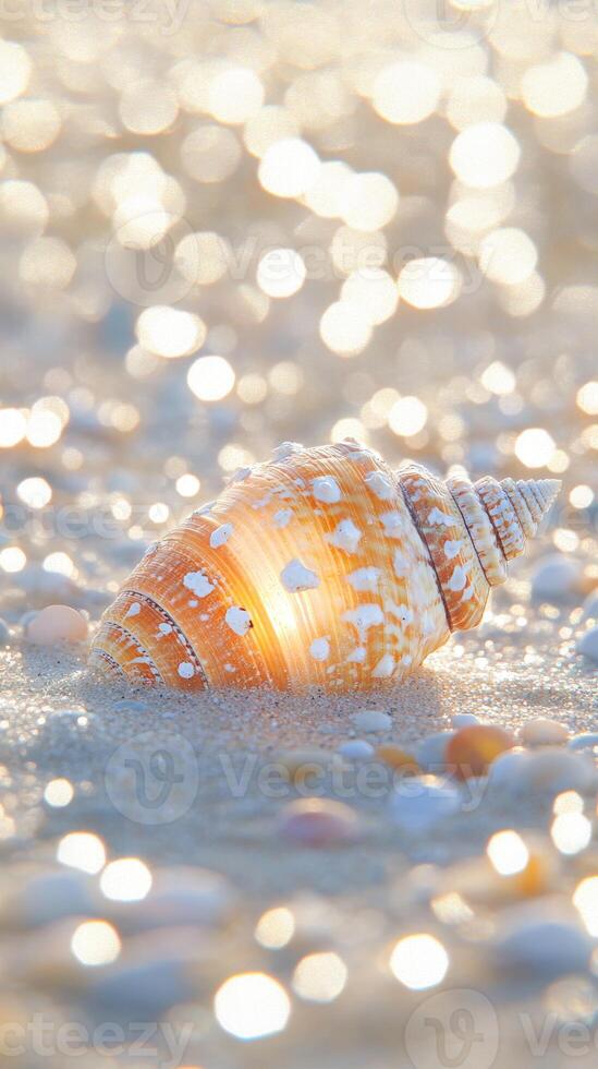 Orange and white seashell resting on sandy beach with sparkling light photo