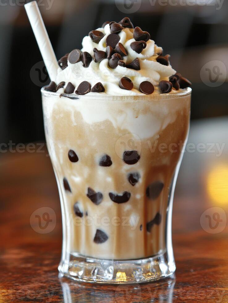Delicious ice cream drink with whipped cream and chocolate chips photo