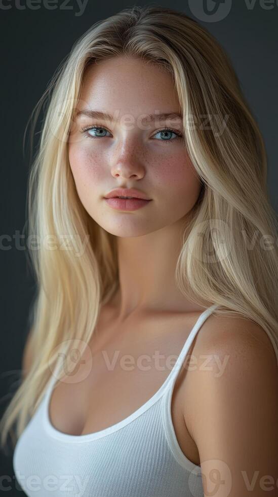 College student with blonde hair posing indoors in natural light photo