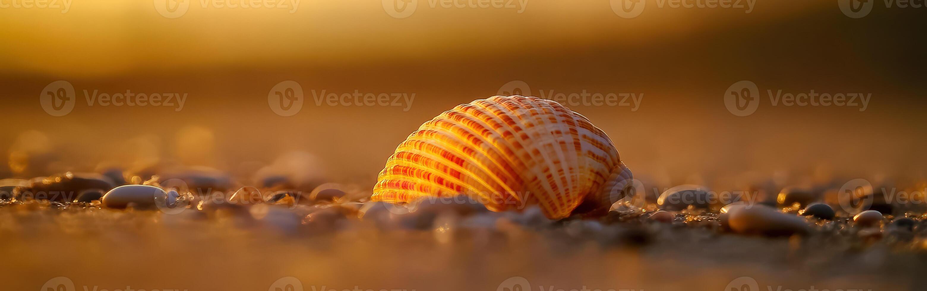 Orange and white seashell lying on the sandy beach at sunset photo