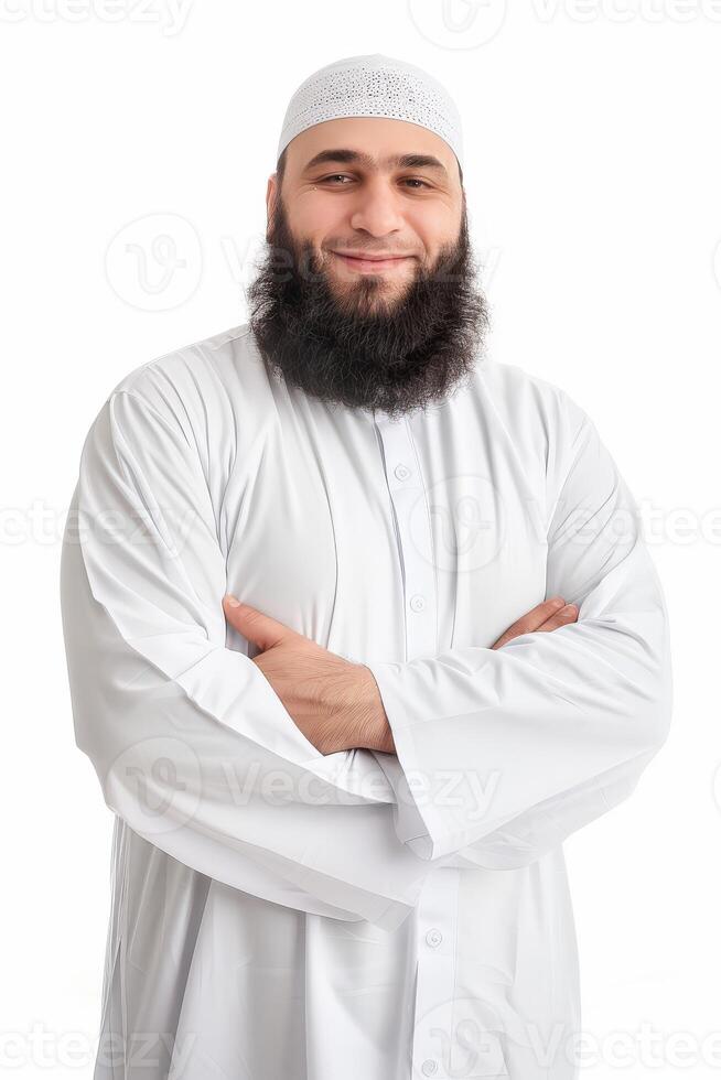 Smiling Muslim Man With a Beautiful Beard Wears Traditional Attire photo