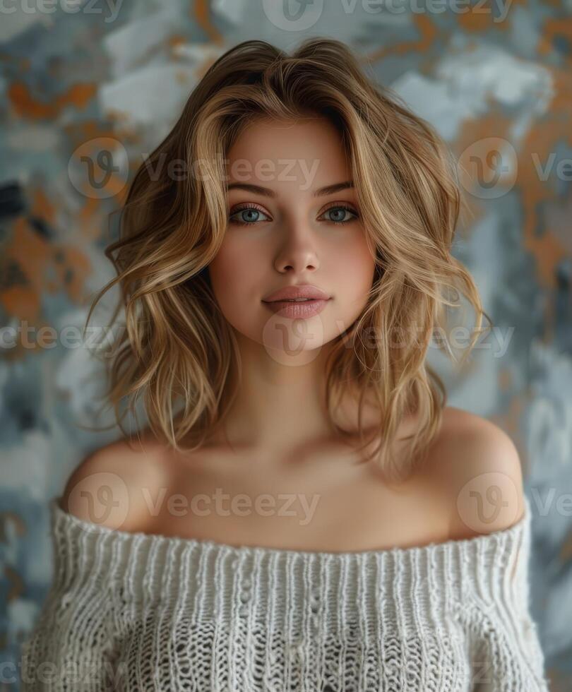 Young Woman With Shoulder-Length Hair in Cozy Sweater Indoor Setting photo