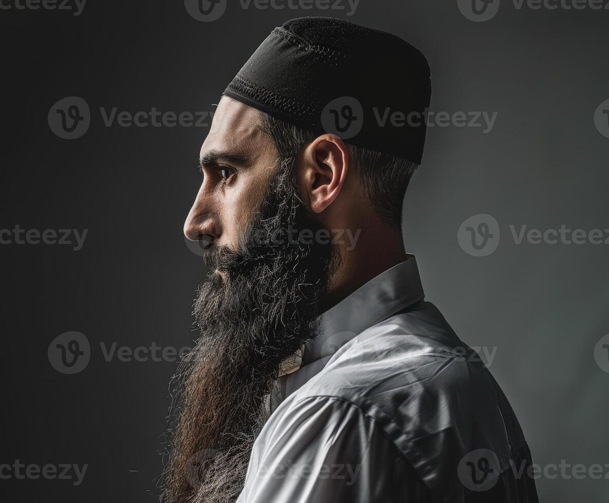Muslim Man With a Beautiful Beard Posed Against a Dark Background photo