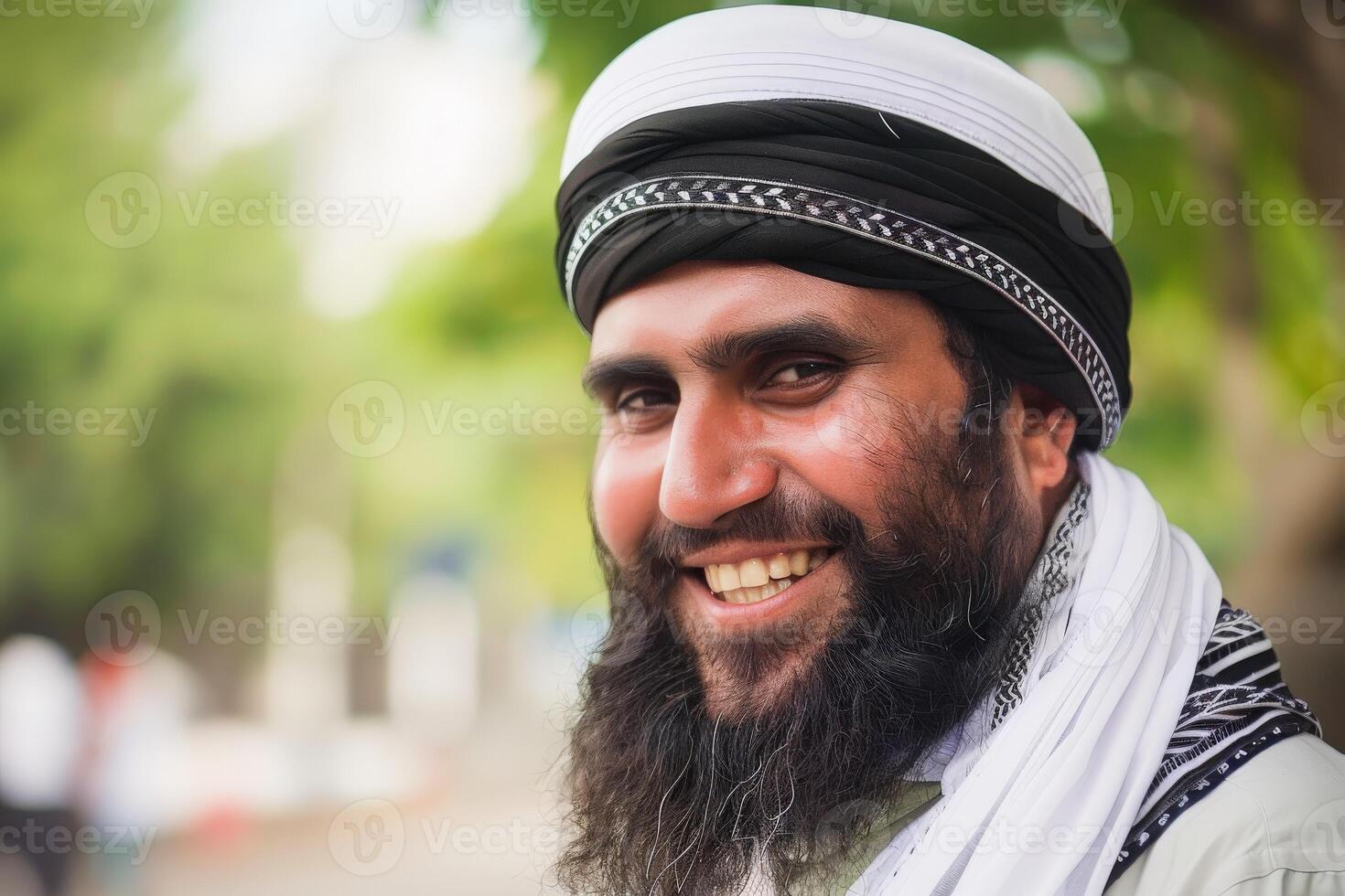 Muslim Man With Beautiful Beard Smiling Outdoors on a Sunny Day photo