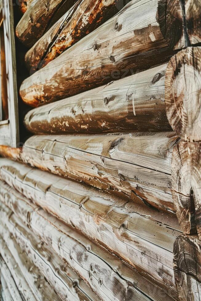 Rustic Wooden Wall With Textured Logs in a Cozy Cabin Atmosphere photo