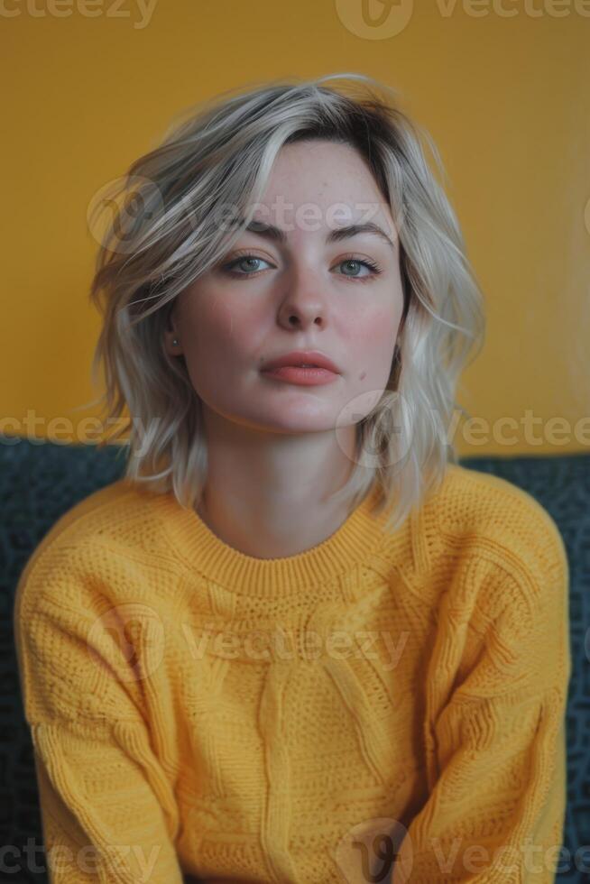 Young Woman Posing in Yellow Sweater Against Bright Background photo
