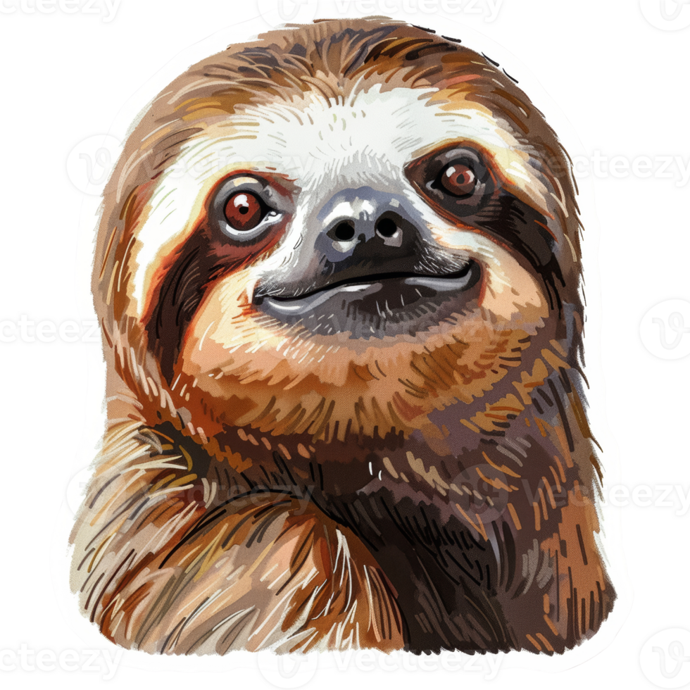 Cute Animal Sticker of a Smiling Sloth with Detailed Fur and Expressive Eyes - Perfect for Laptops, Notebooks, and Scrapbooks png