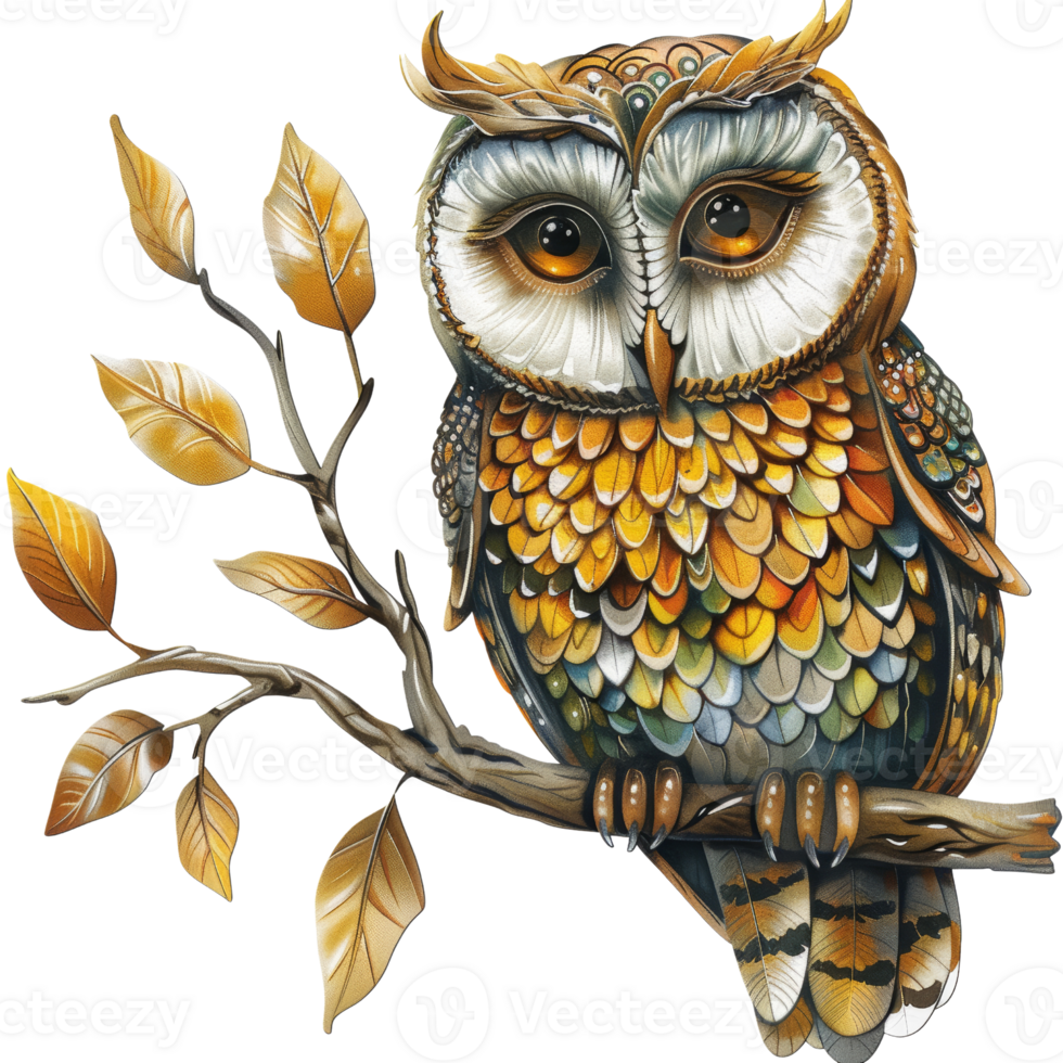 Colorful Intricate Owl Sticker on Branch with Autumn Leaves - Perfect for Scrapbooking, Journals, and Craft Projects png