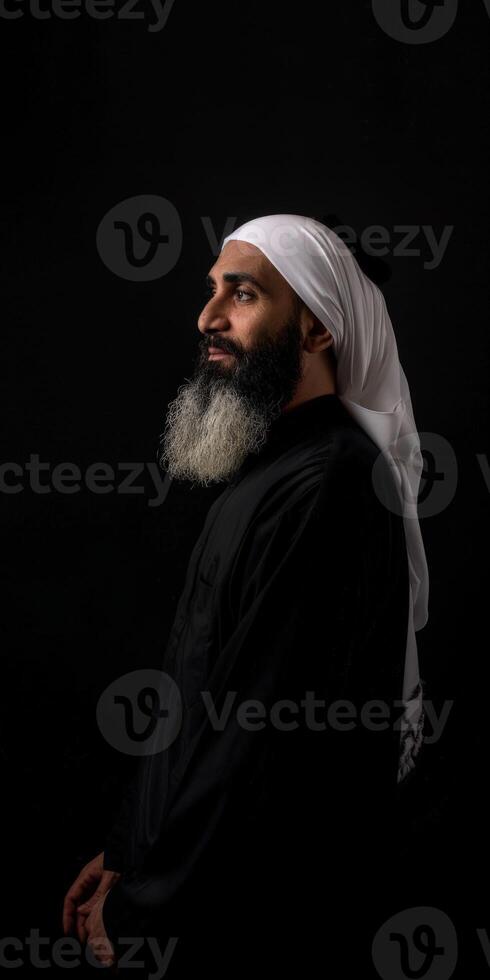 Man in Traditional Attire With Beard on Black Background photo