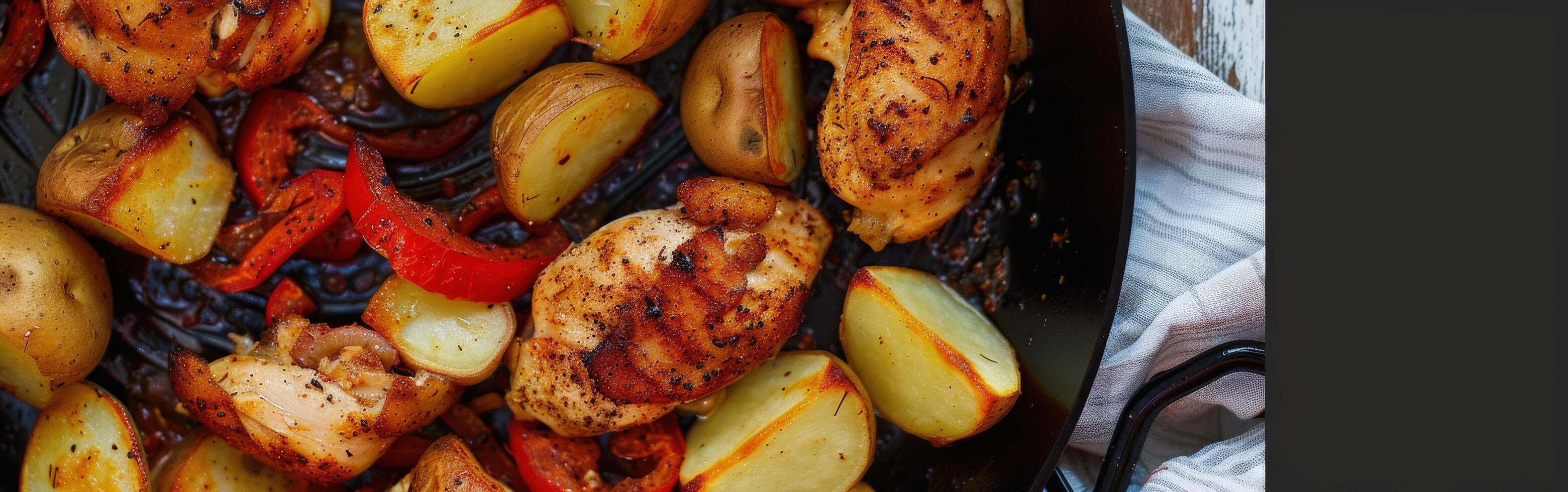 Delicious Pan Chicken With Roasted Potatoes and Peppers Cooking Together photo