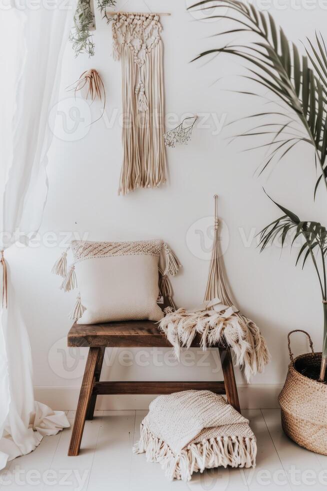 Cozy Boho Living Room With Natural Textiles and Greenery photo