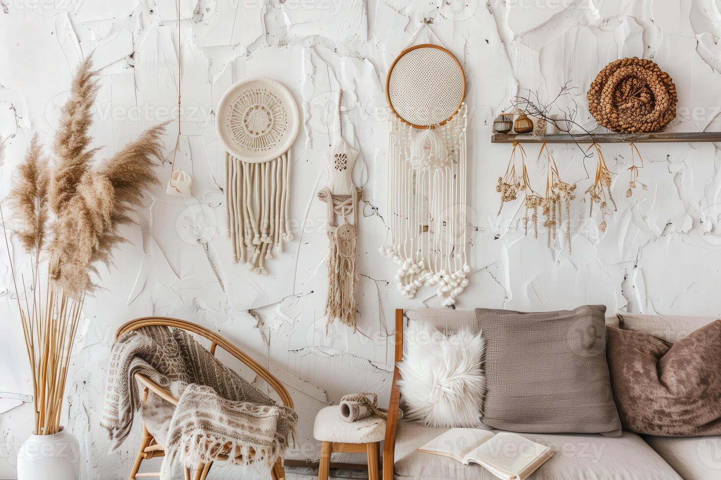 Boho Living Room Interior With Textured Walls and Natural Decor Elements photo