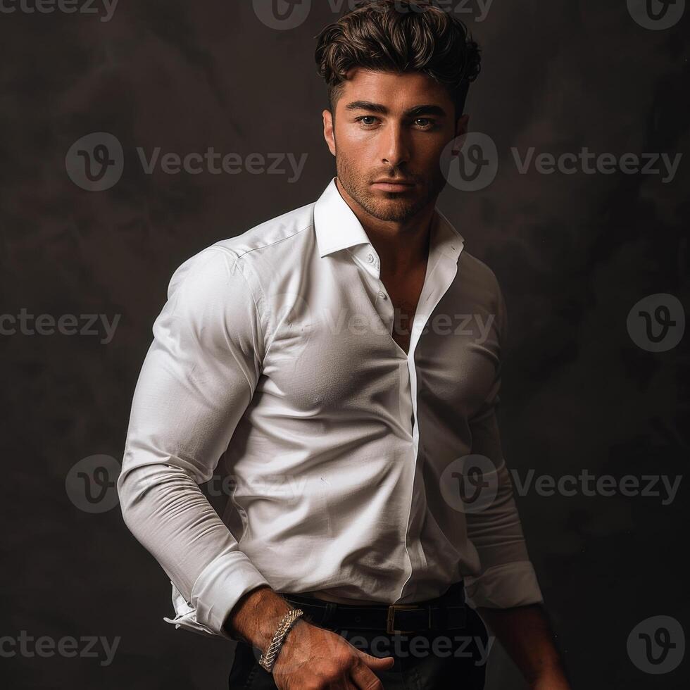 Stylish Man Posing in White Shirt Against Dark Background photo