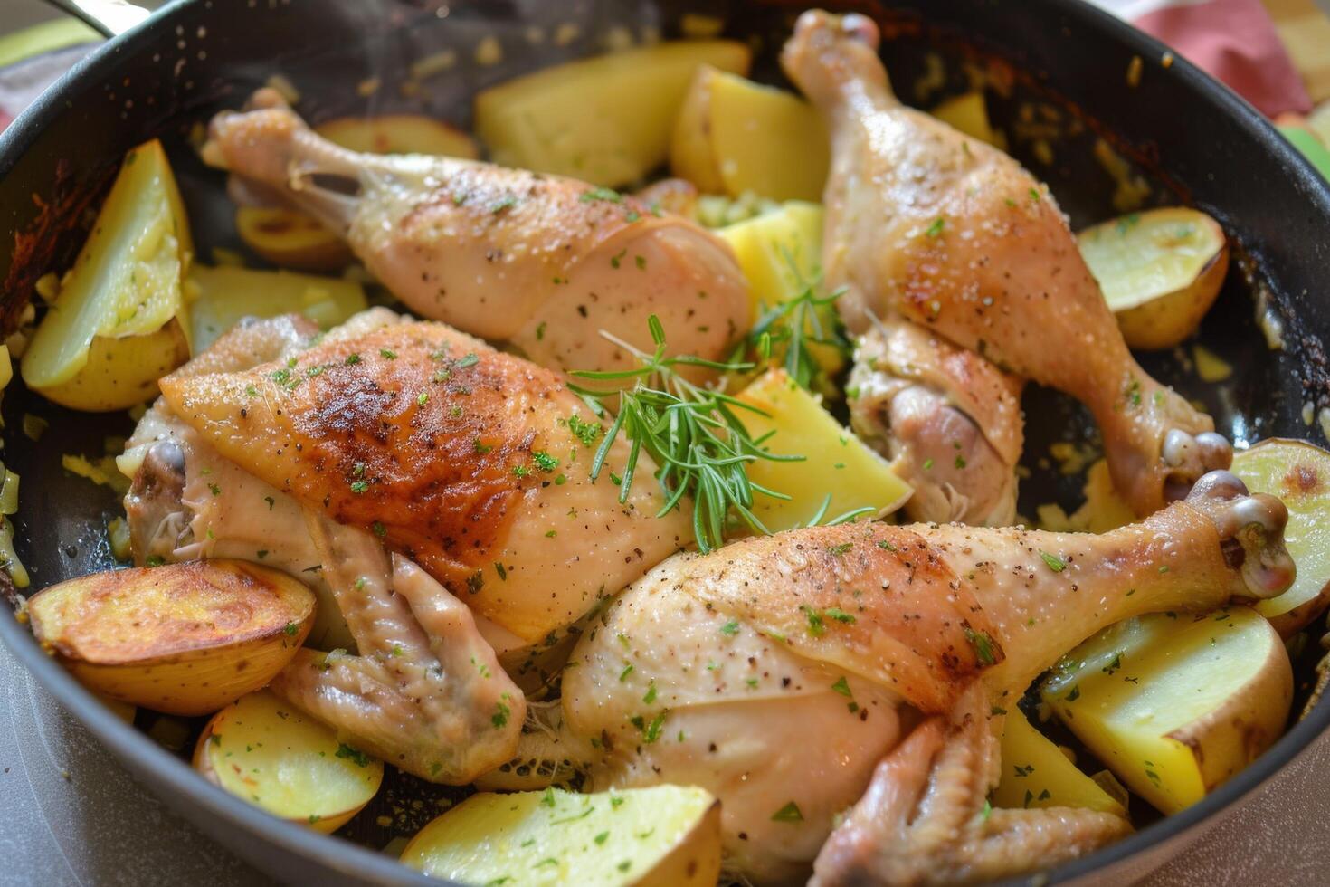 Delicious Pan Chicken and Potatoes With Fresh Herbs Cooked at Home photo