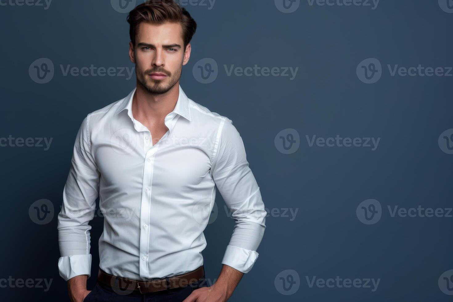 Stylish Young Man in White Shirt Posing Against Blue Background photo
