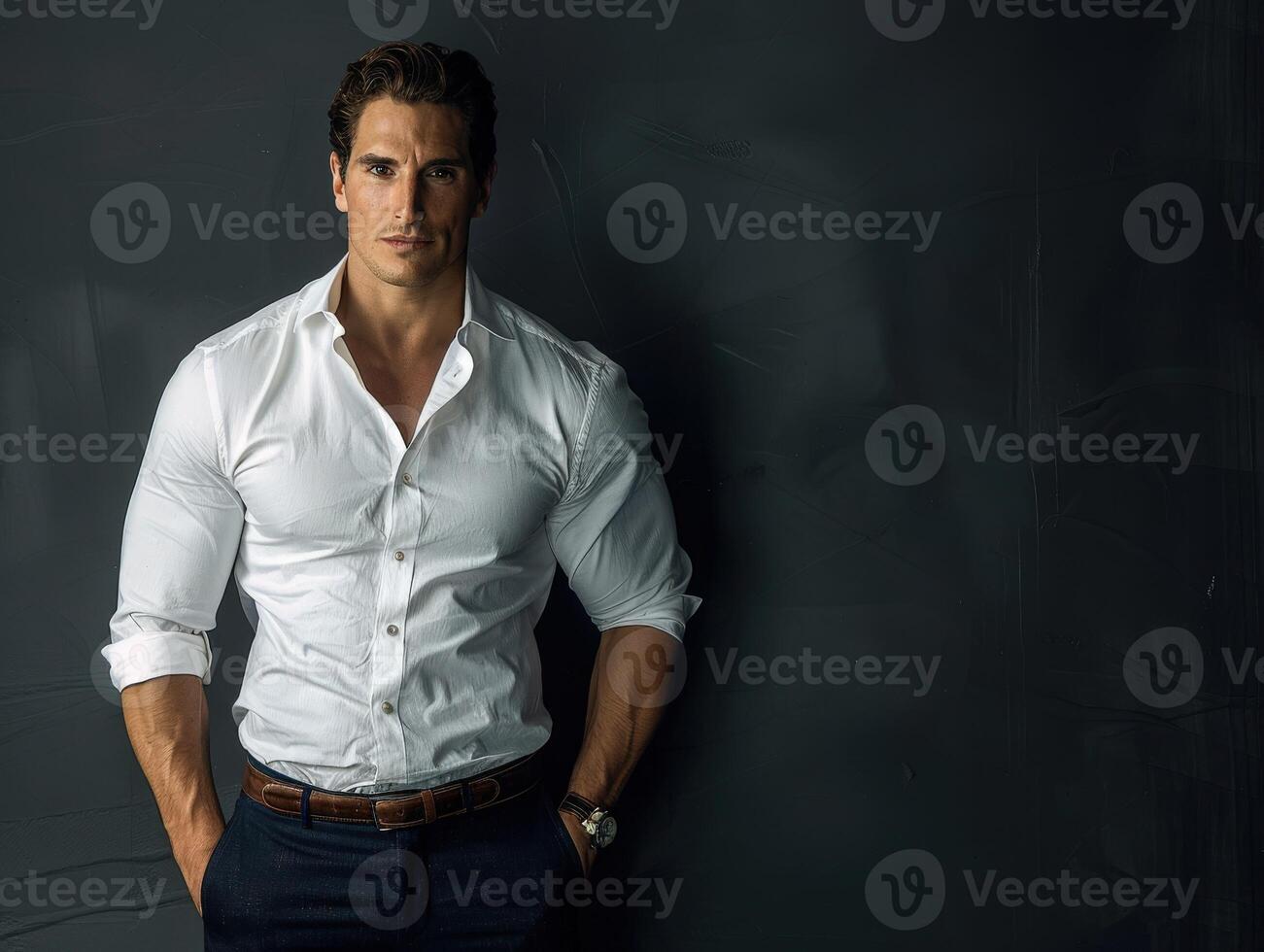 Confident Man in White Shirt Posing Against Dark Background photo