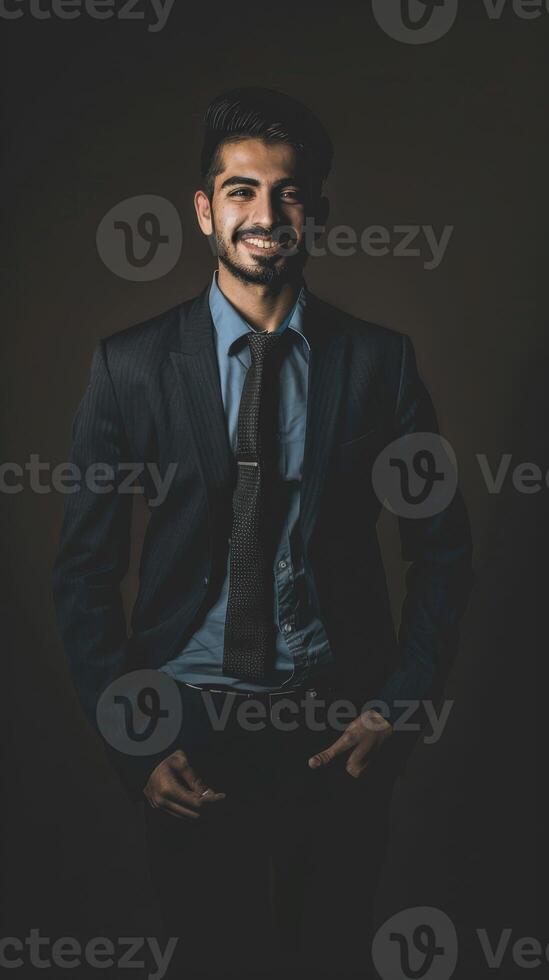 Smiling Male Executive in Suit Against Dark Background During Evening photo