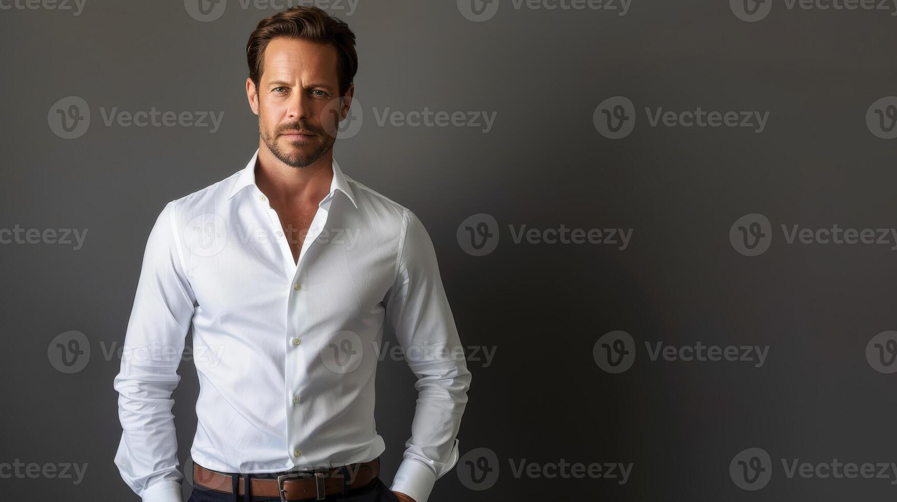 Man Posing in a White Button-Down Shirt Against a Dark Background photo
