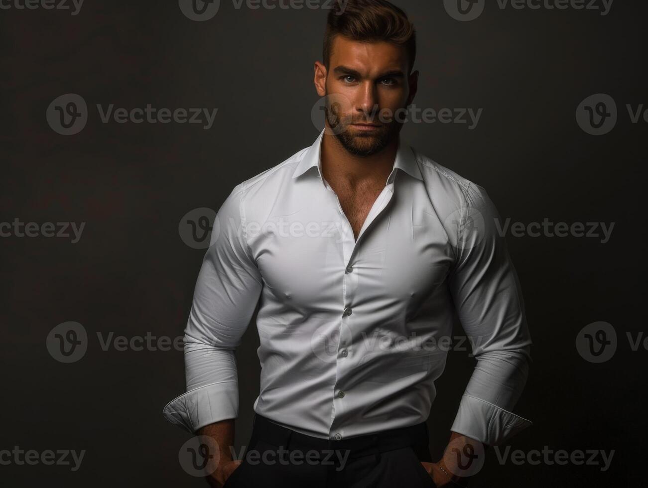 Elegant Man Posing in White Shirt Against Dark Background at Night photo