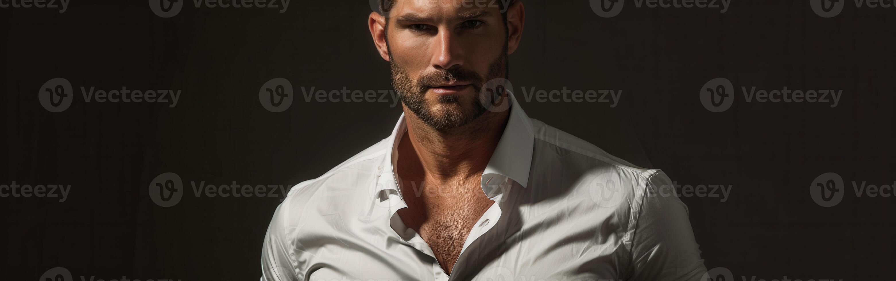 Confident Man in White Shirt Posing Against Dark Background photo