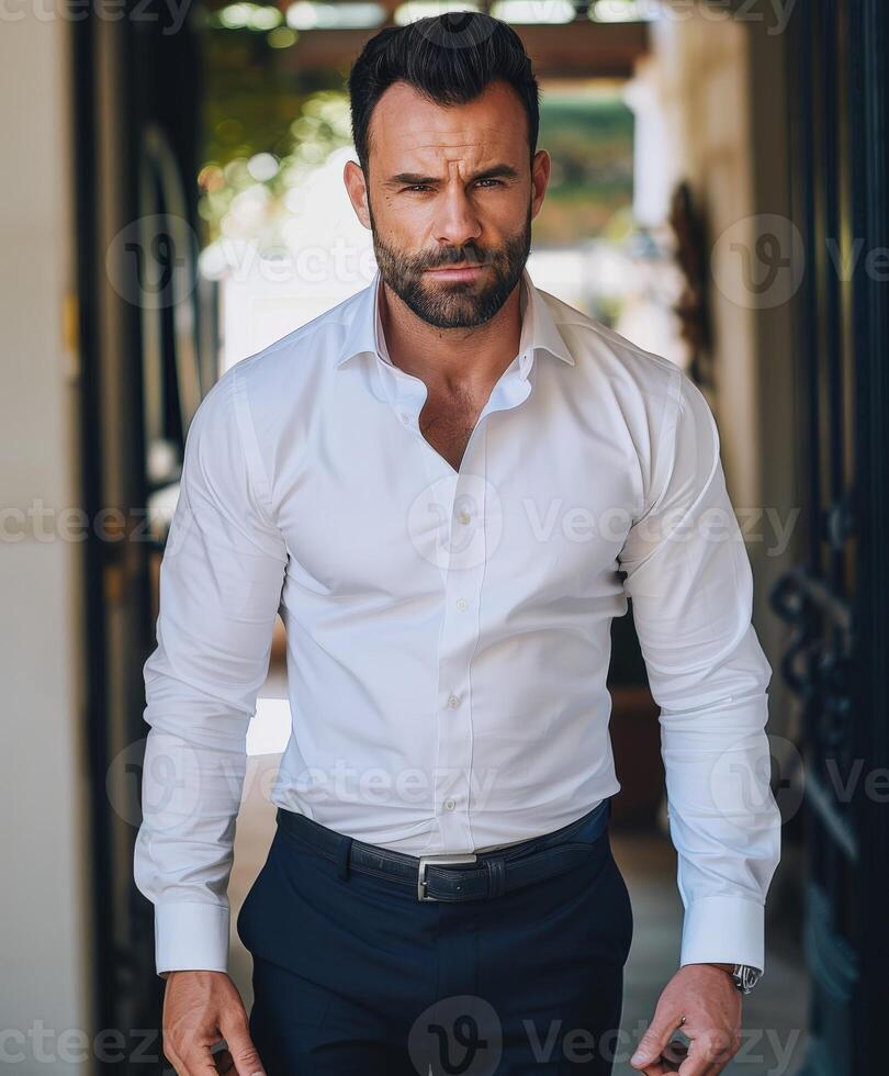 Confident Man in White Shirt Walking Through Elegant Archway photo