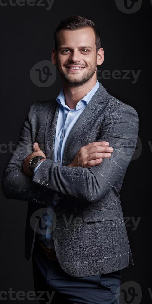 Smiling Male Executive in Minimalistic Portrait Against Dark Background photo