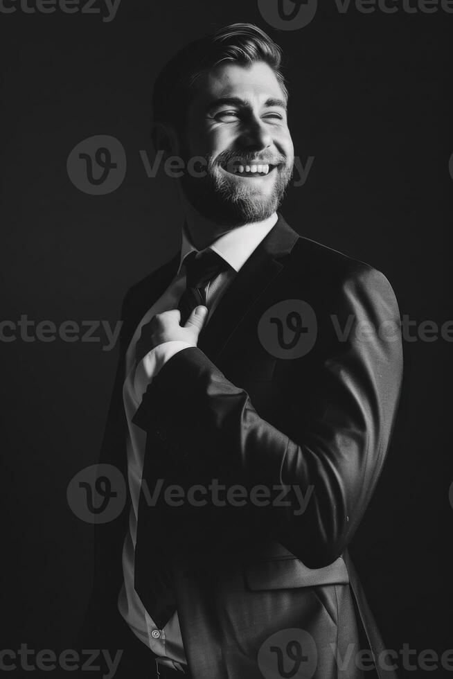 Smiling Male Executive in Suit Adjusting Tie Against Dark Background photo