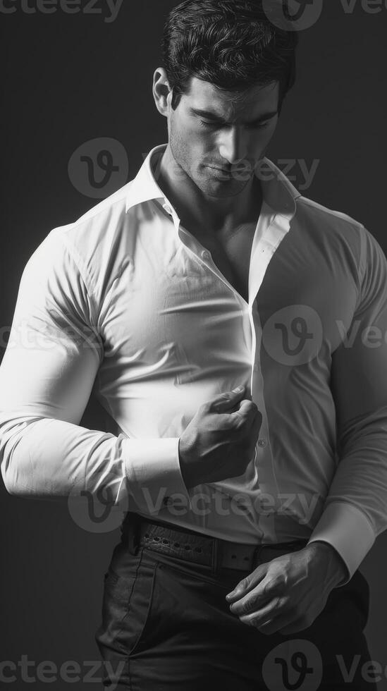 Confident Man Adjusting His Shirt in a Studio Setting photo