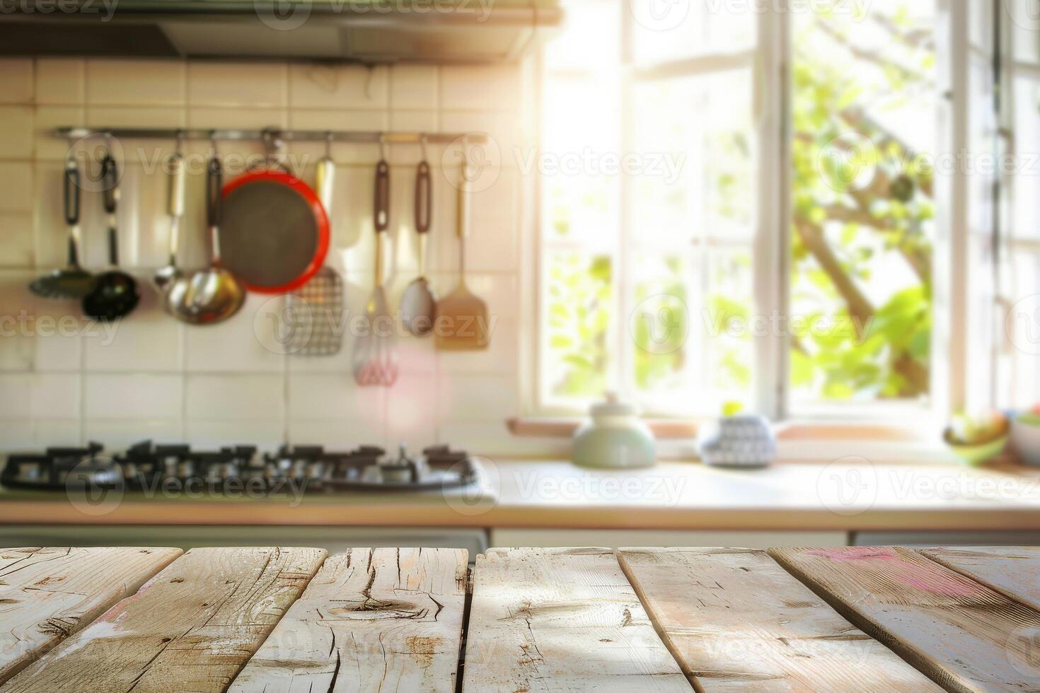 Empty Wooden Table Top With Blurred Kitchen Background for Product Display photo