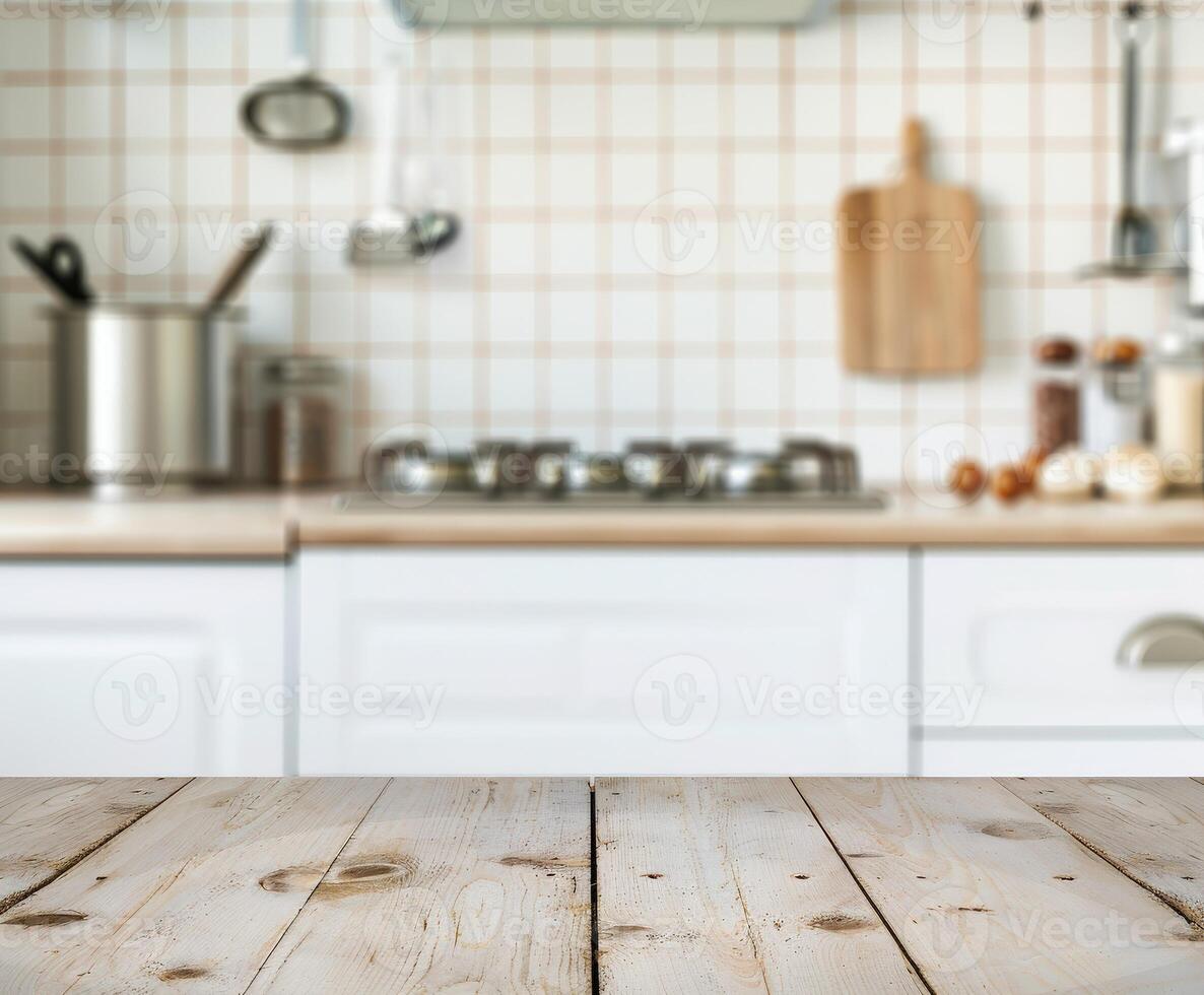 Empty Wooden Tabletop Display With Blurred Kitchen Background photo
