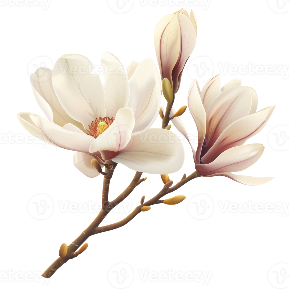 Elegant Botanical Illustration of Magnolia Flowers with Delicate Petals and Branches png