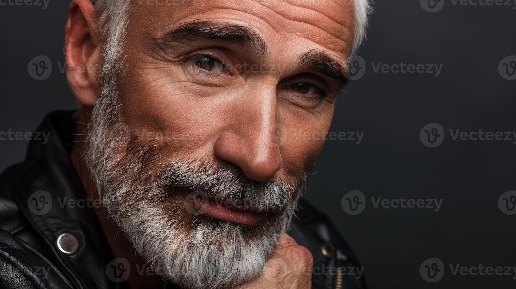 Portrait of Older Man With Gray Hair and Beard in Dark Setting photo