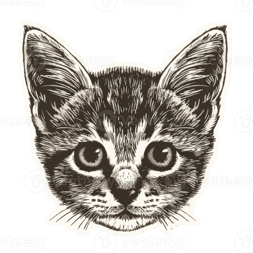 Adorable Animal Sticker of a Cute Kitten Face in Detailed Black and White Sketch Style for Various Creative Uses png