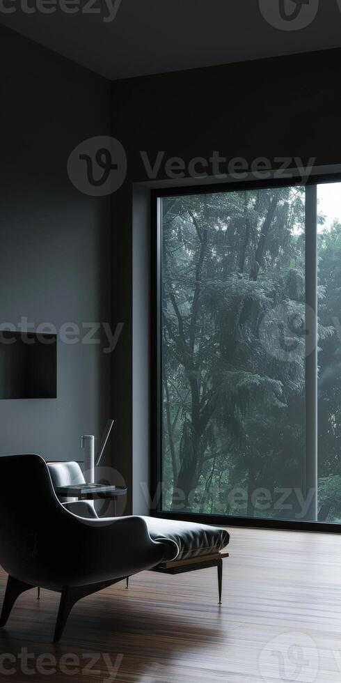 Elegant Dark Living Room With Sofa, Armchair, And Large Window View photo